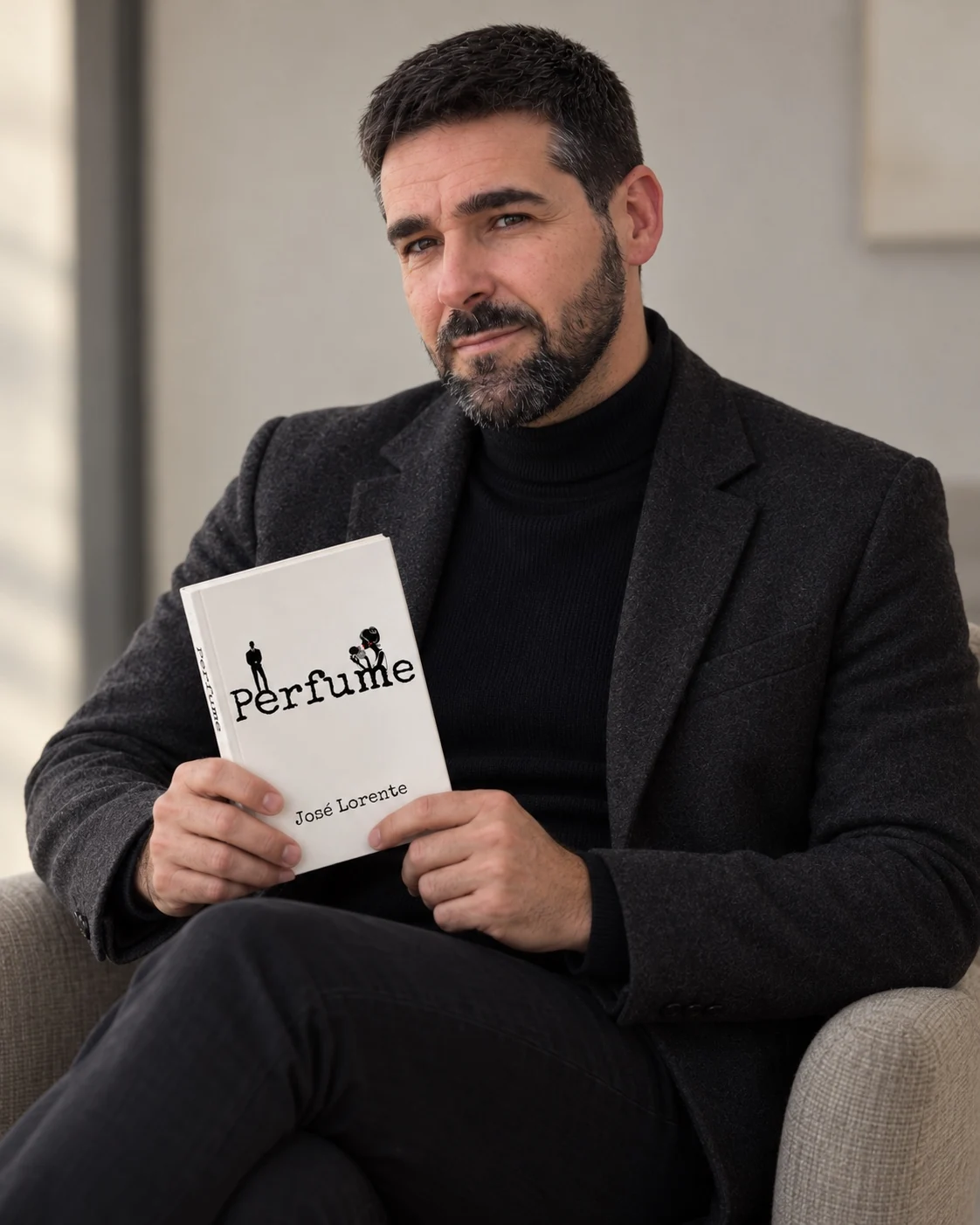 José Lorente sentado con la novela Perfume