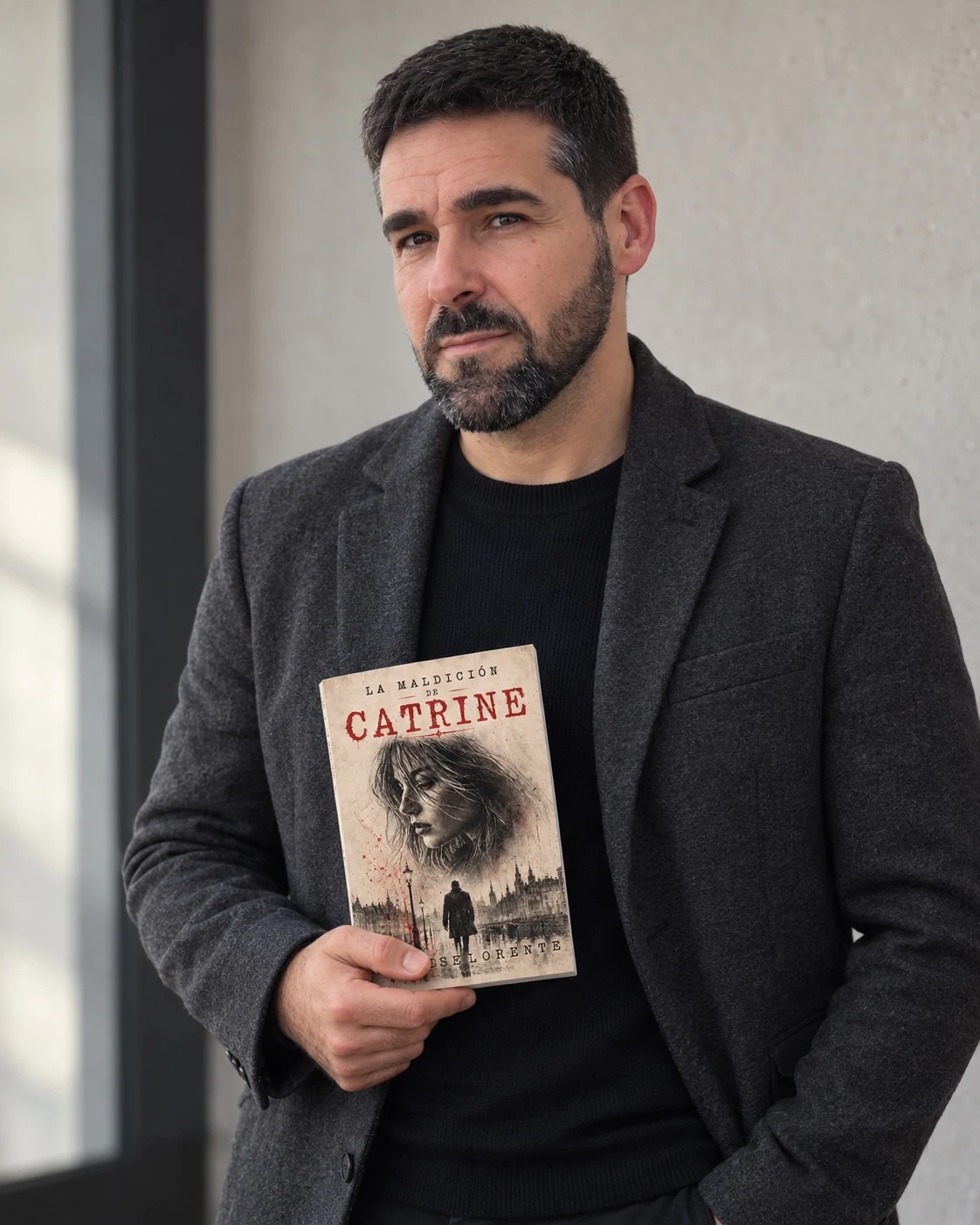 José Lorente de pie con La maldición de Catrine en un retrato de estudio